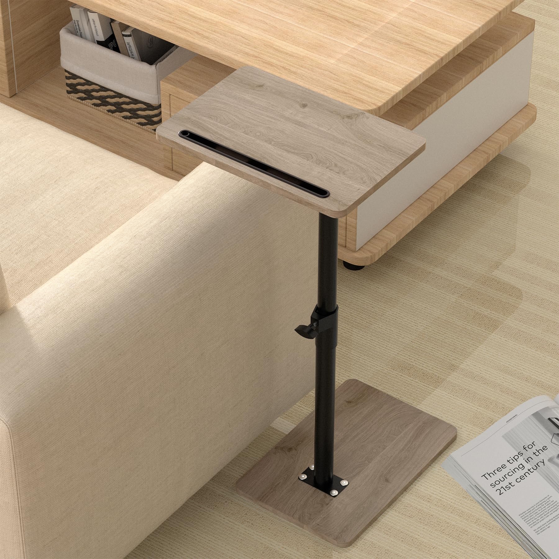 YUHFERA C-Shaped Side Table – 360° Swivel Height Adjustable Sofa Tray