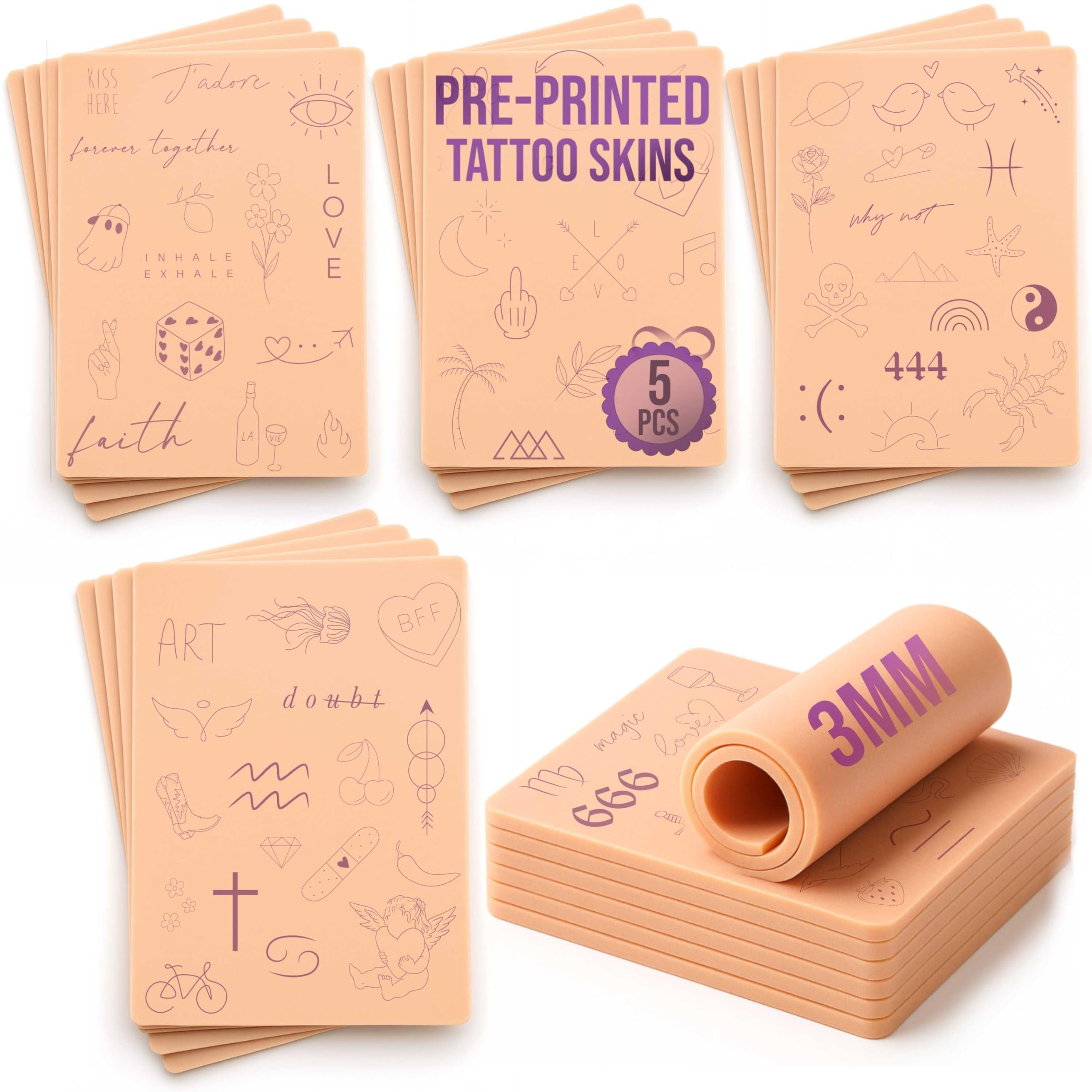 3mm Pre-Printed Tattoo Practice Skins | Fine Line Set of 5