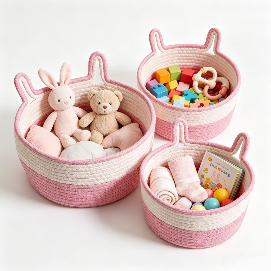 3 Pcs Pink Rabbit Basket,Cotton Rope Woven Empty Gift Hamper Baskets