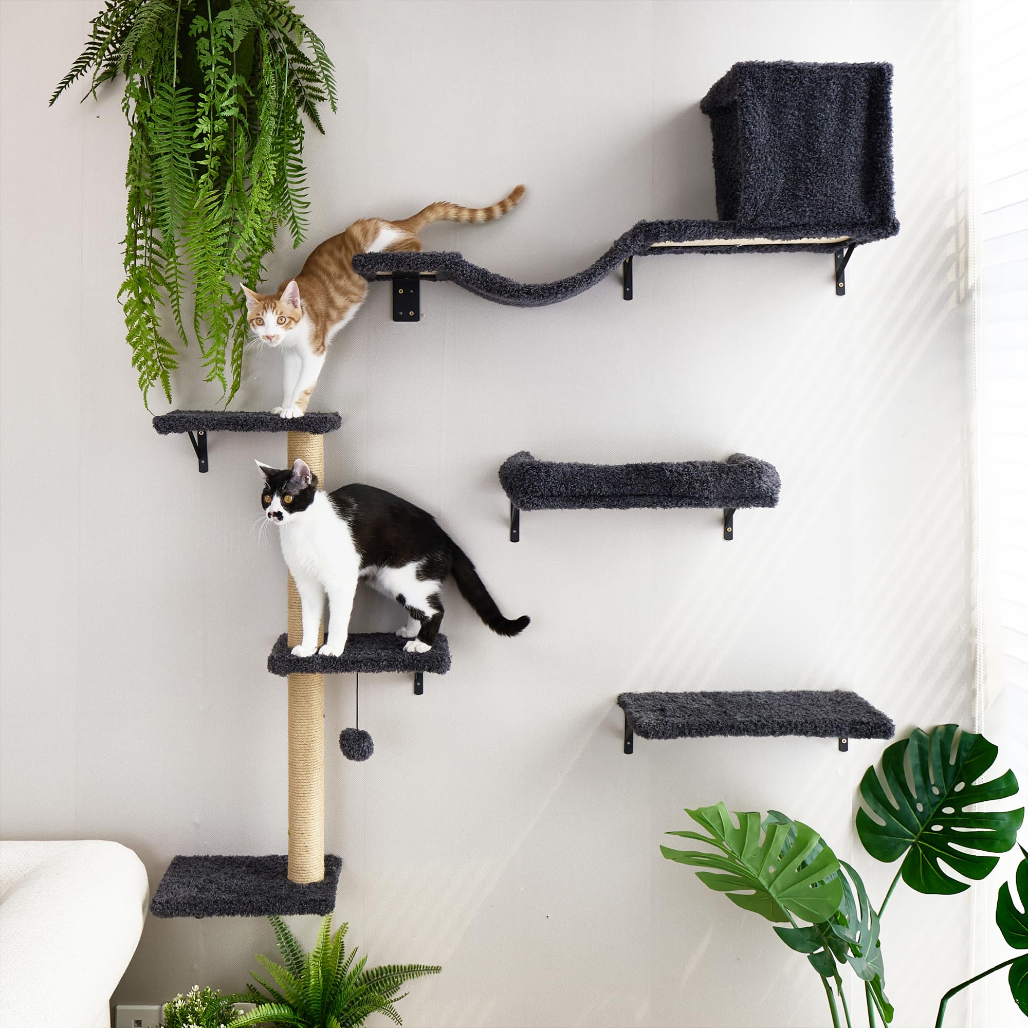 FUKUMARU 4-in-1 Cat Wall Shelves Set - Wooden Climbing Furniture, Gray