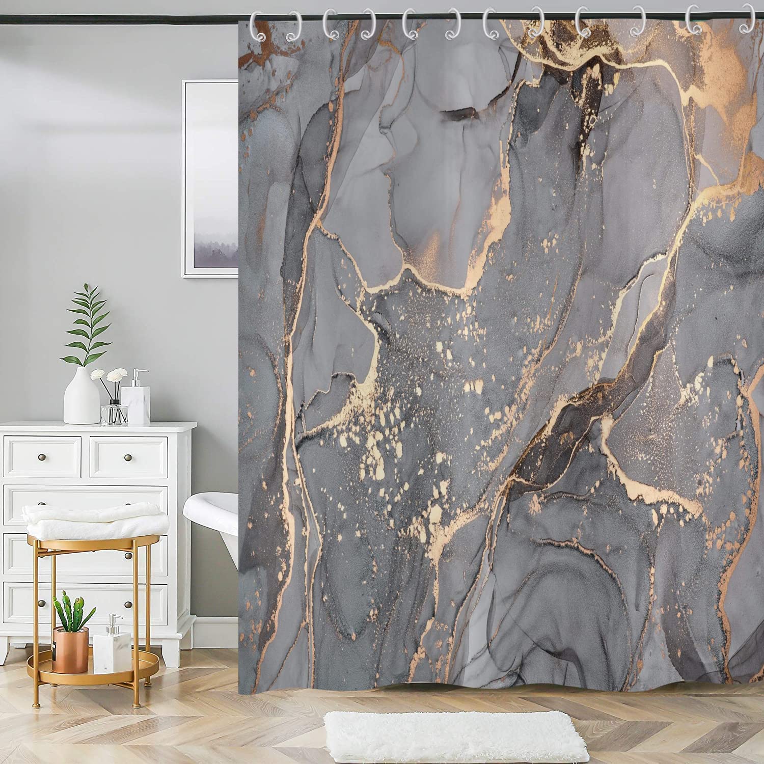 Marble Shower Curtain – Modern Grey Gold Waterproof Polyester
