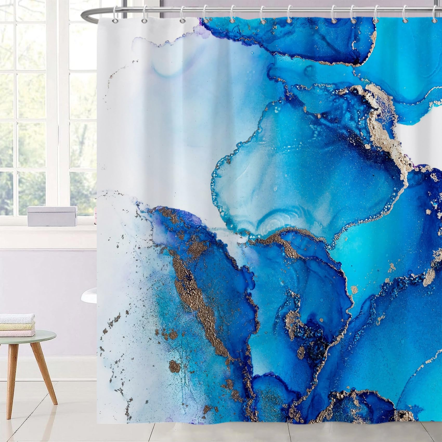 Ttincceer Navy Blue Marble Shower Curtain – 71x71 Waterproof Polyester