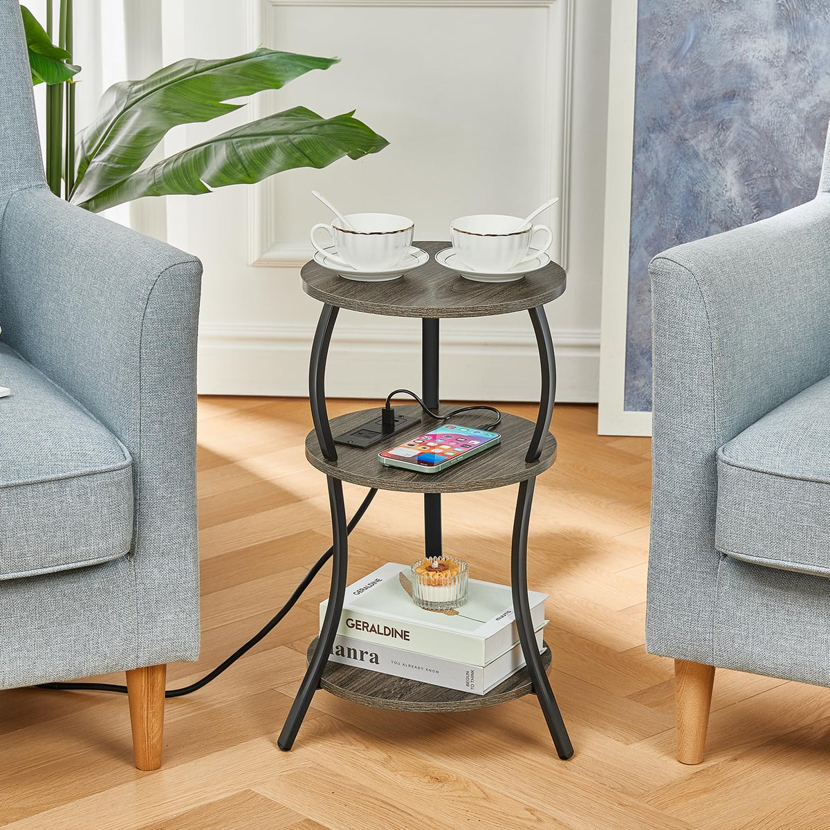 YEAKOO Bedside Table with Charging Station & 4 Sockets, Vintage Round 3-Tier End Table with USB Ports & UK Plugs - image 3