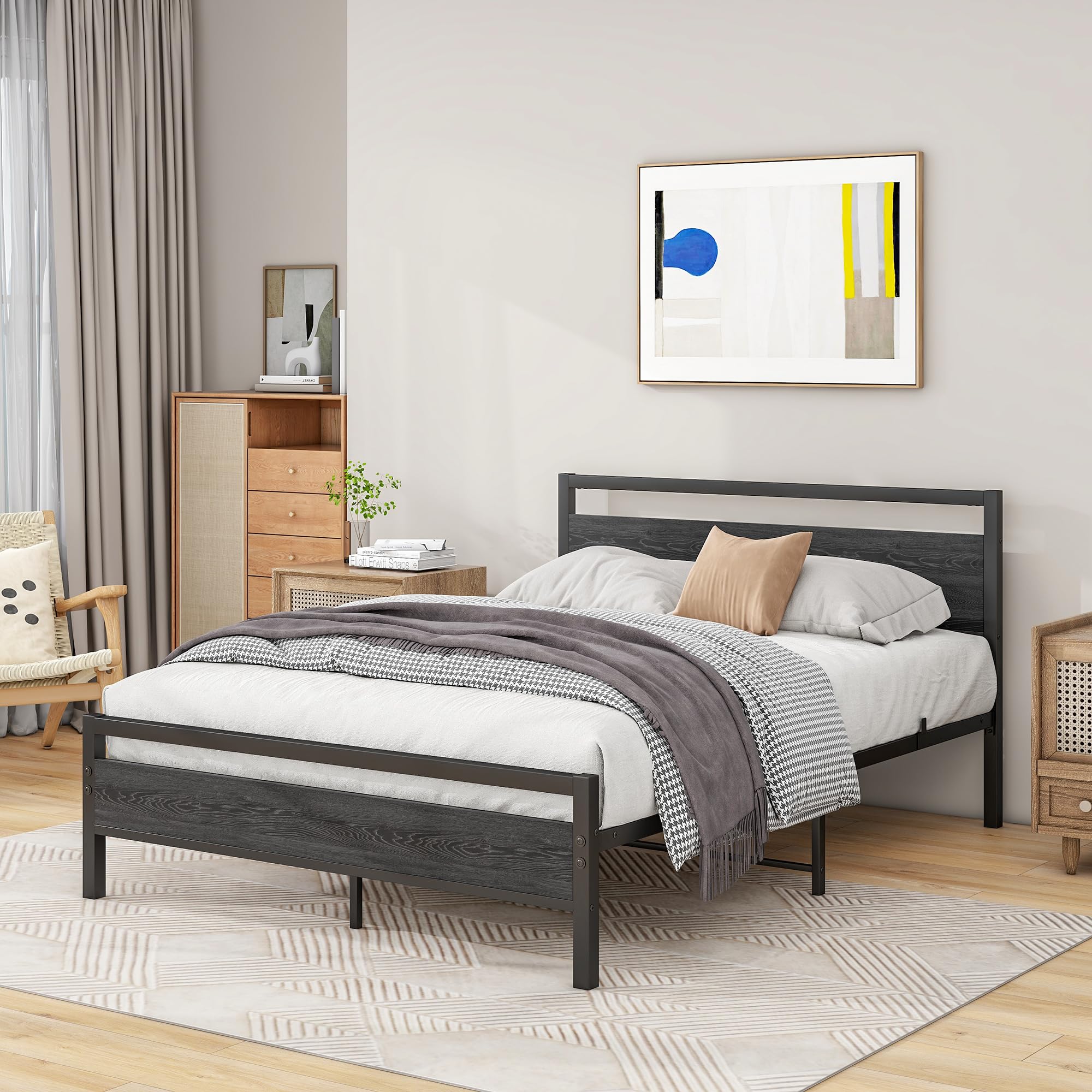 BOFENG 4ft6 Double Bed Frame | Heavy Duty Metal Platform with Wood Headboard