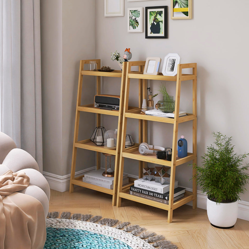 SMIBUY 4-Tier Bamboo Ladder Bookcase | Freestanding Plant Stand & Shelf
