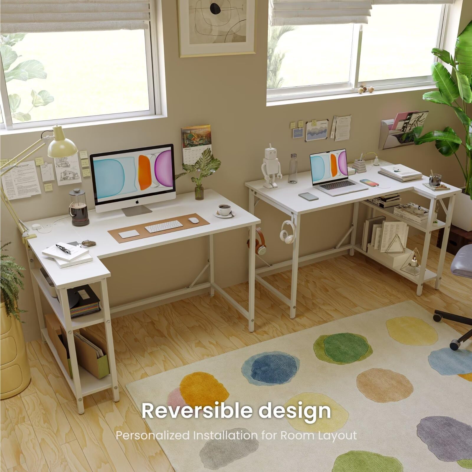 Domshoct L-Shaped Corner Desk with Power Outlets & Storage - White