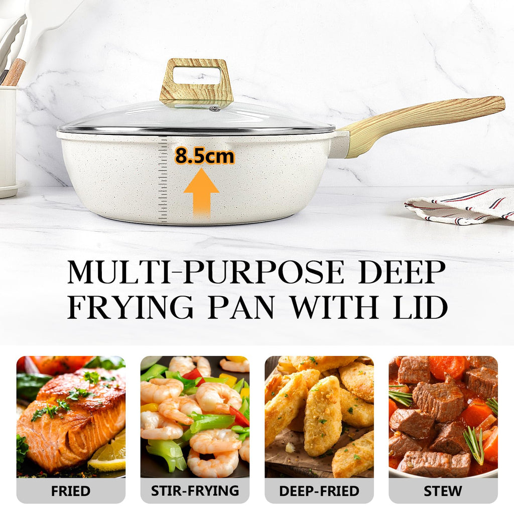 GiPP Nonstick Deep Frying Pan – 2.6L White Granite Saute Pan with Lid