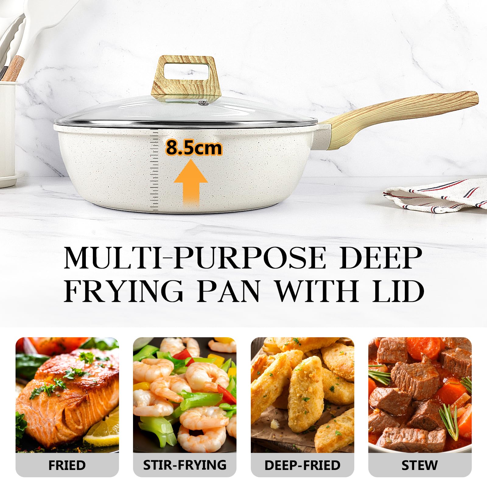 GiPP Nonstick Deep Frying Pan – 2.6L White Granite Saute Pan with Lid
