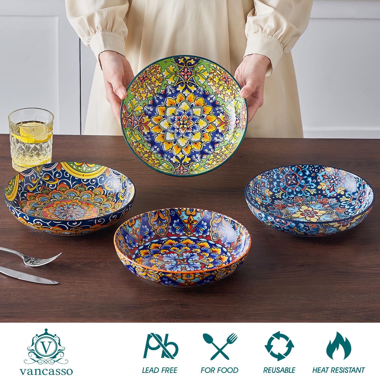 vancasso SIMI 42oz Porcelain Pasta Bowls – Set of 4 Bohemian Salad Bowls