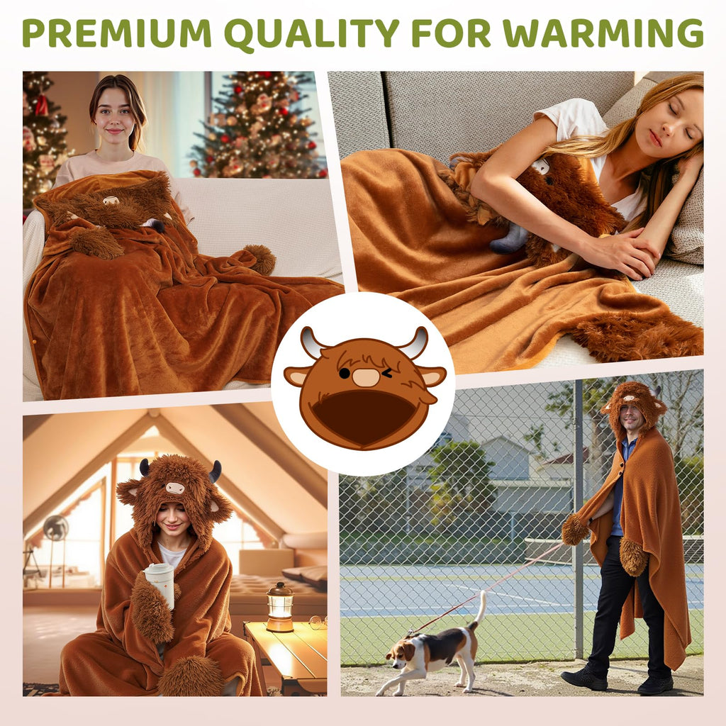Mewaii Highland Cow Wearable Blanket Hoodie – Plush Flannel Cloak