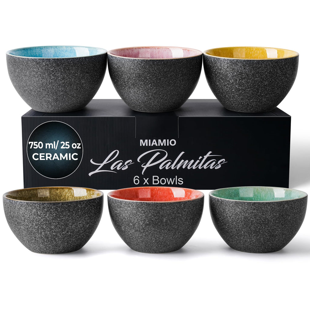 MIAMIO Ceramic Cereal Bowls Set of 6 | 750ml Stackable Soup Bowls