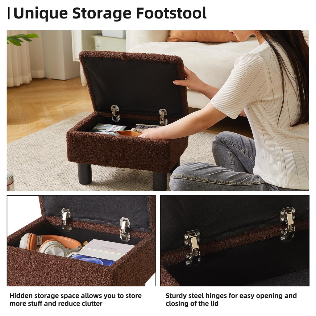 Aibiju Storage Ottoman – Faux Teddy Fur Footstool with Pine Wood Legs
