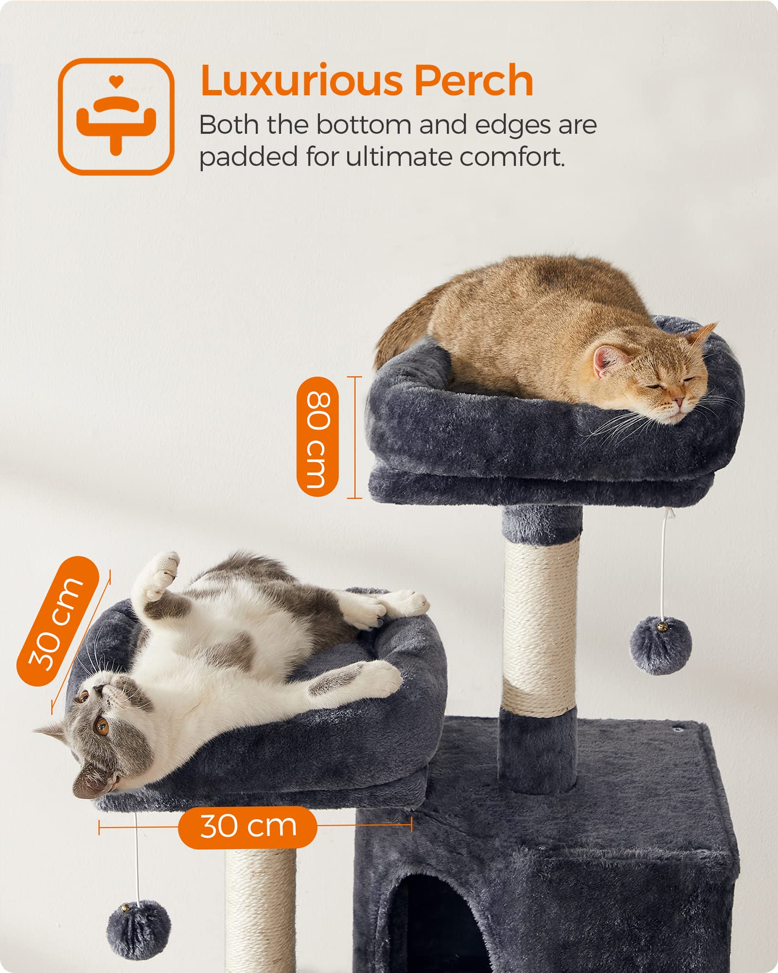 FEANDREA Cat Tree – 115cm Cat Condo with Scratching Ramp, Smoky Grey