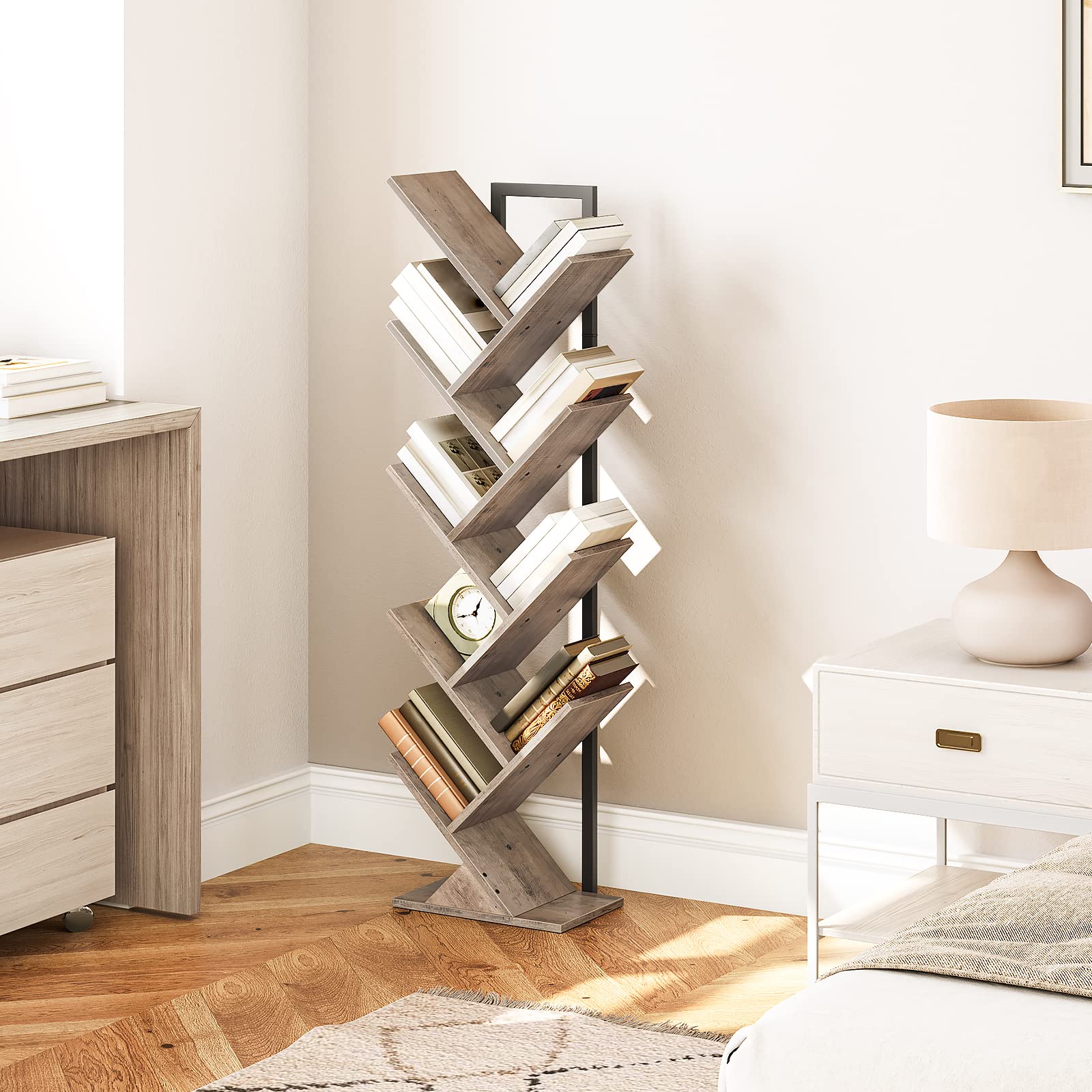HOOBRO 9-Tier Tree Bookshelf – Industrial Floor Standing Tall Bookcase