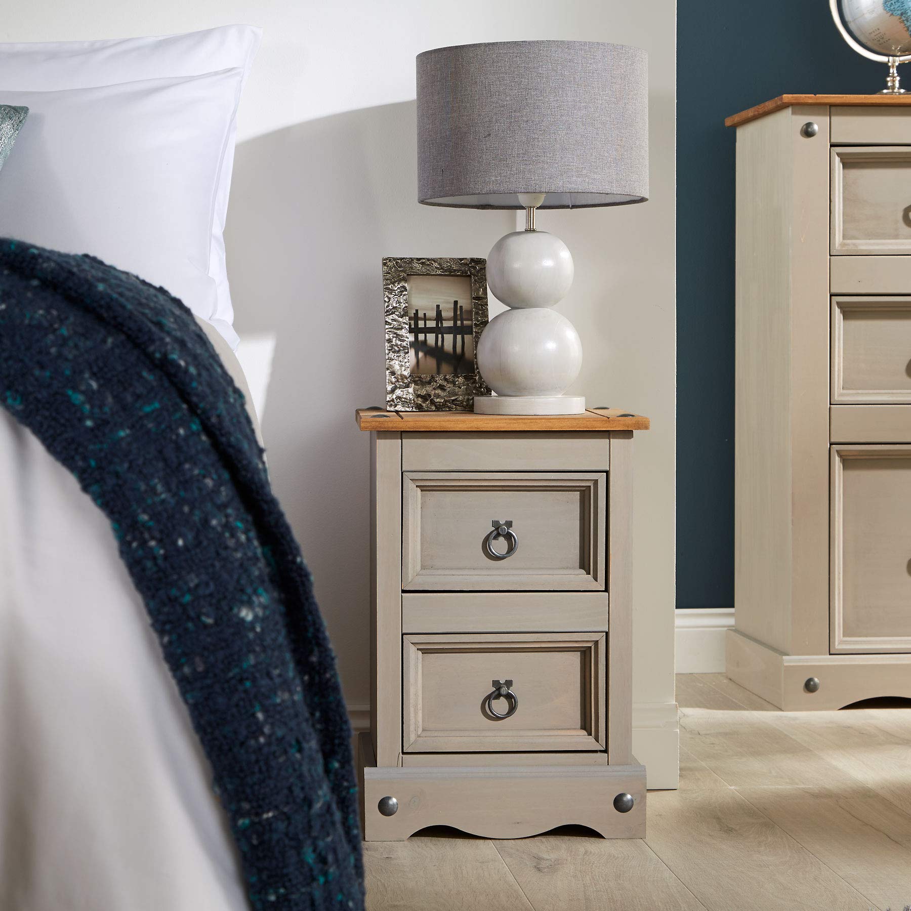 Jolof Store Corona Grey Waxed Pine 2 Drawer Petite Bedside Table