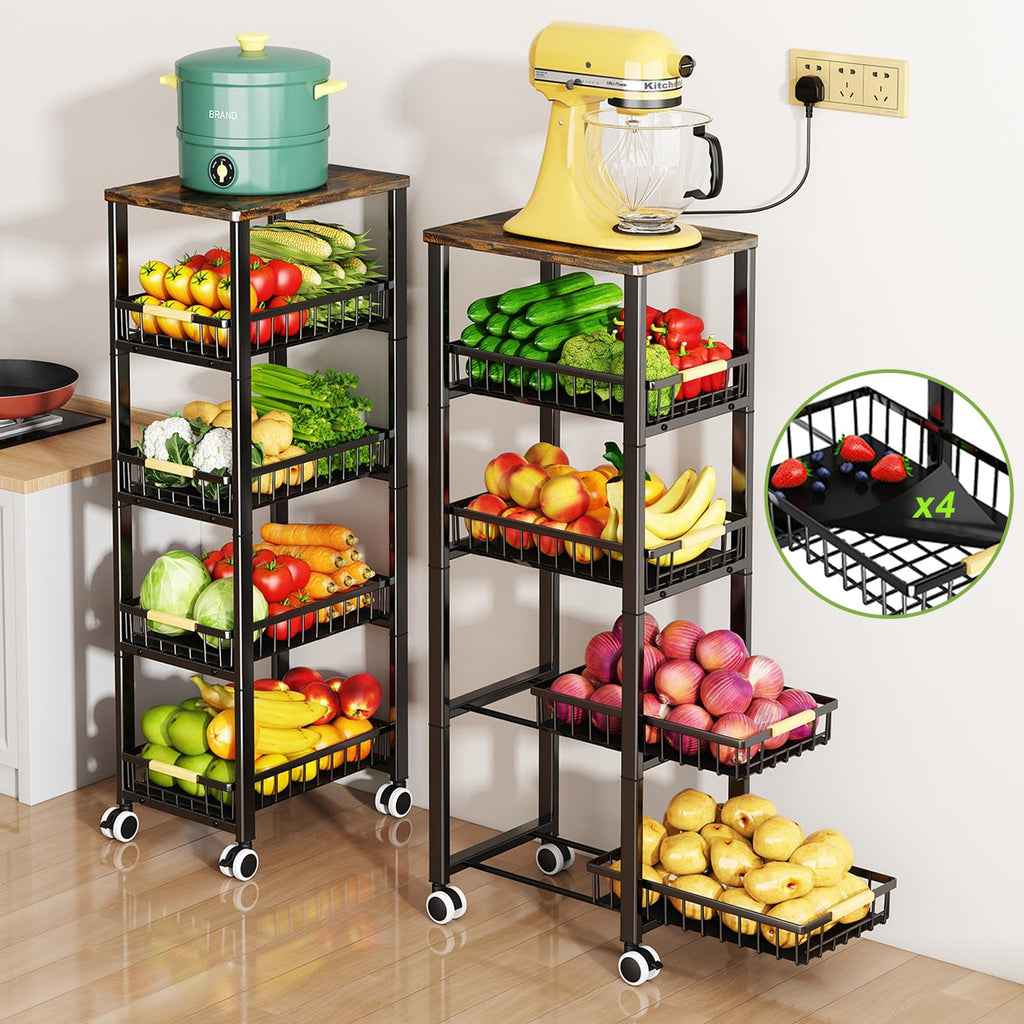 Jolof Store 5-Tier Metal Wire Fruit Vegetable Storage Basket with Wood Top