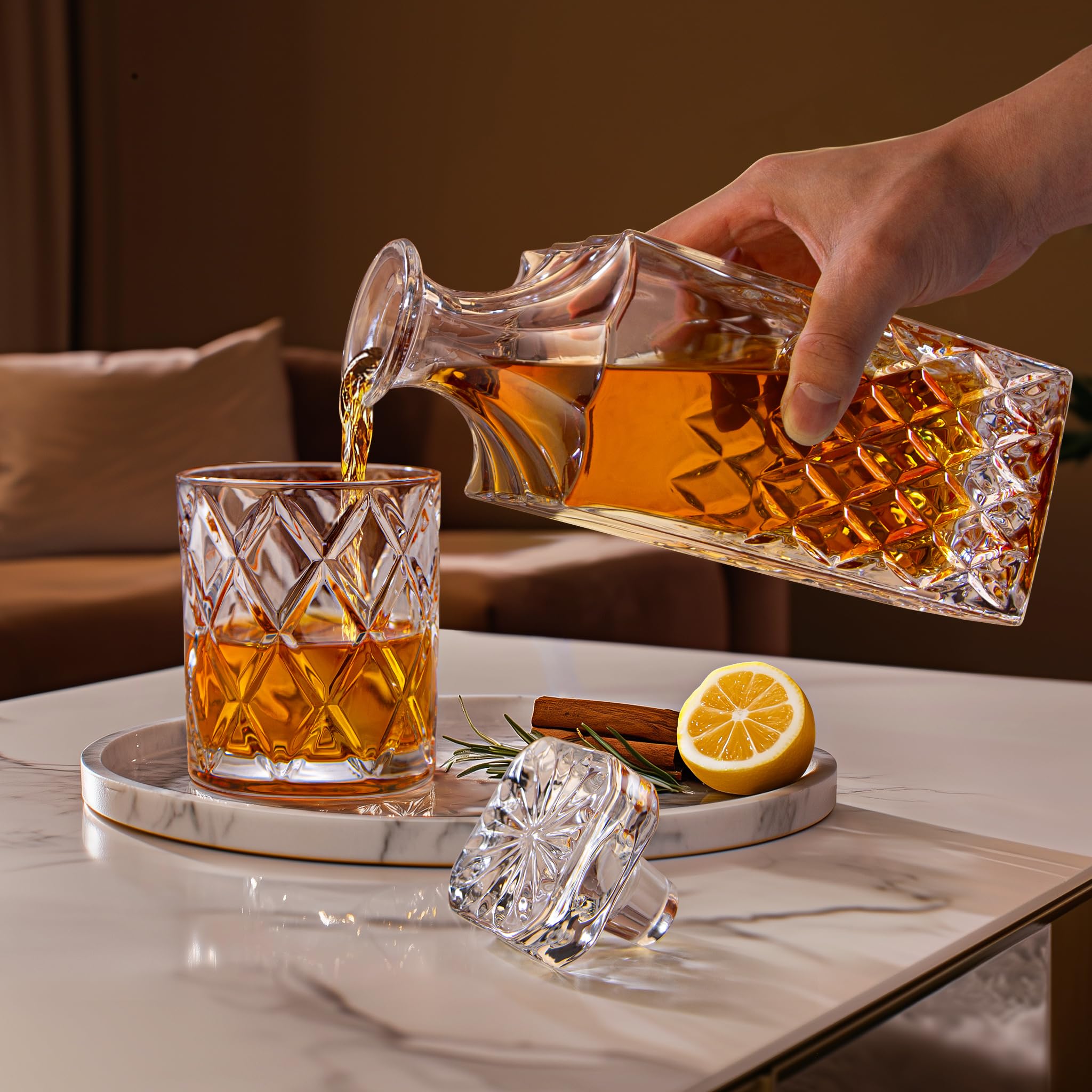Lighten Life Whiskey Decanter Set | 849ml Bourbon Carafe with 4 Glasses