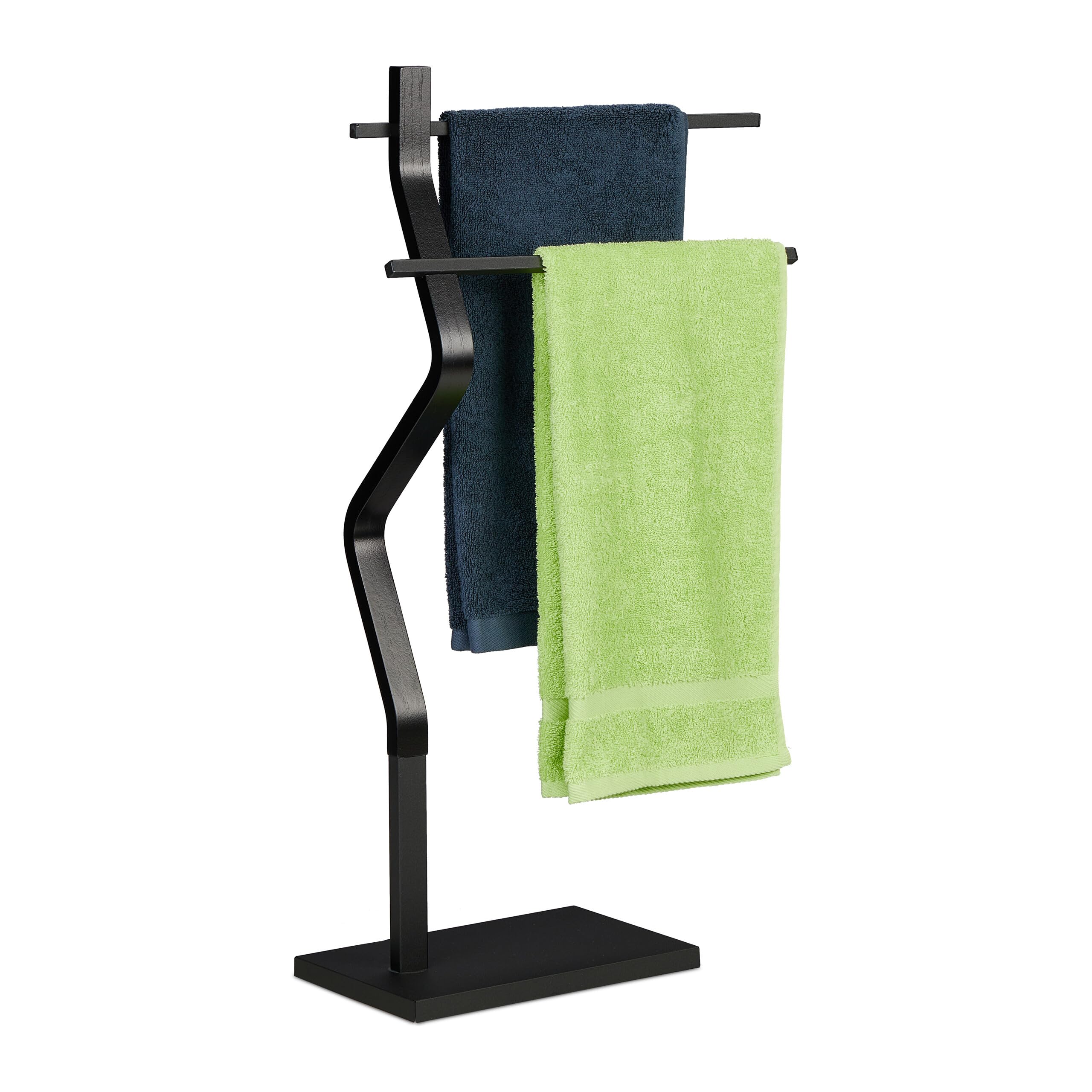 Relaxdays Free-Standing Towel Rack – 2-Rail Steel & MDF Bathroom Stand