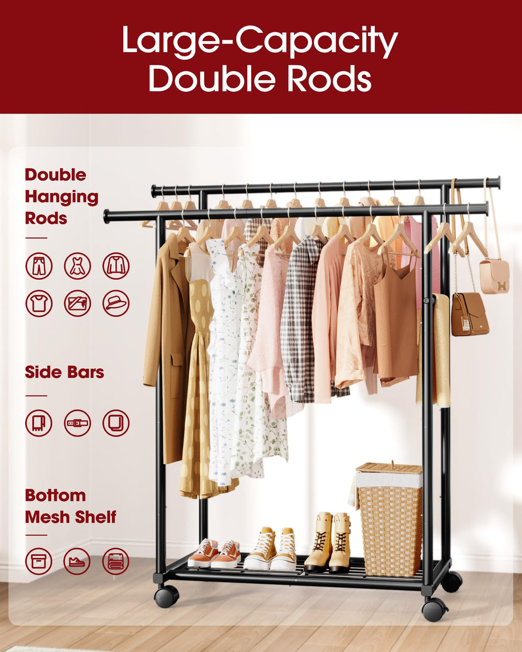 Sakugi Double Rod Clothing Rack with Shelf & Wheels, 98x42x150cm, Black - image 3