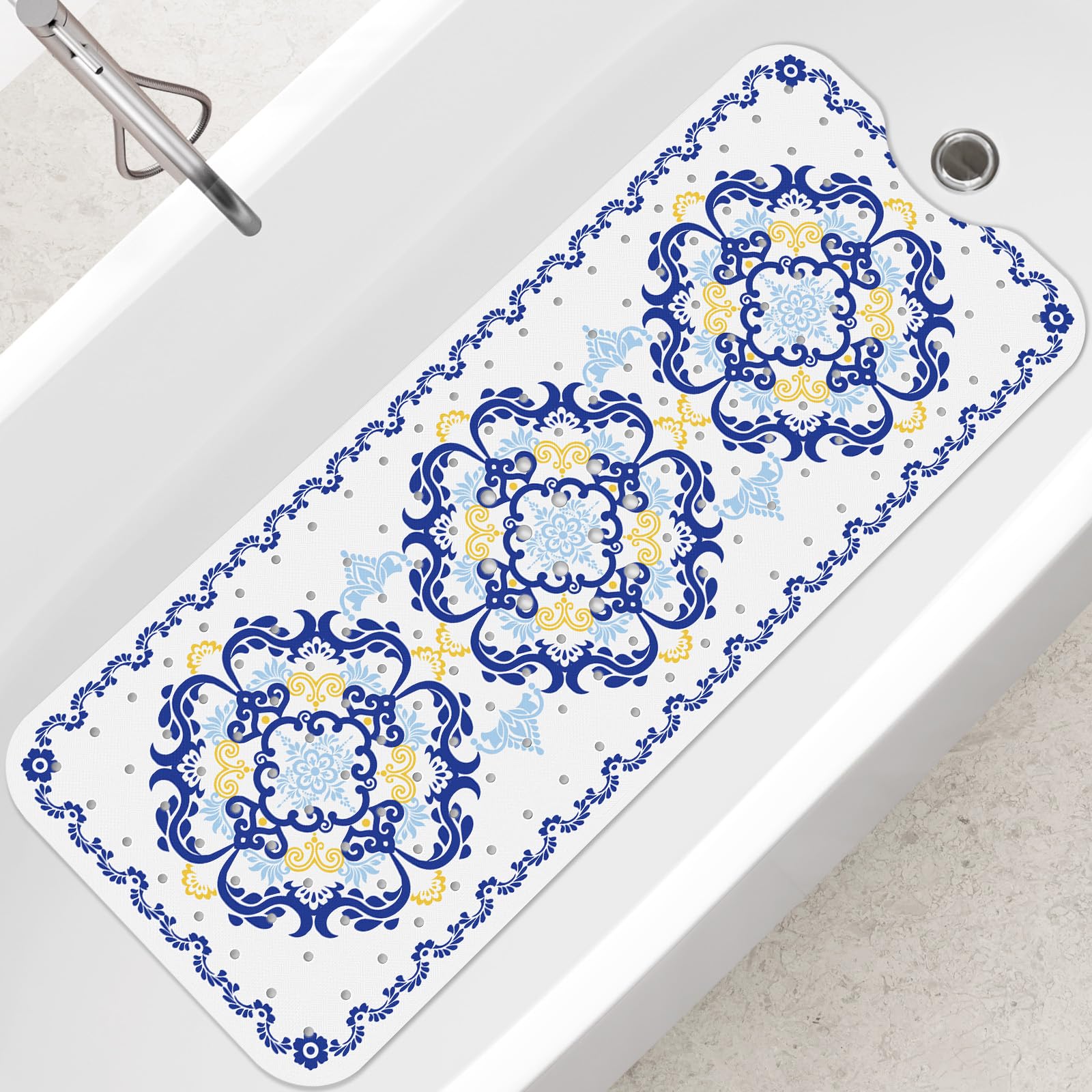 SHUCHING Blue Boho Bath Mat – 100x40cm Extra Long Non-Slip Bathtub Mat