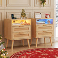 BonVache Set of 2 Rattan Nightstands with Charging Station and LED Lights