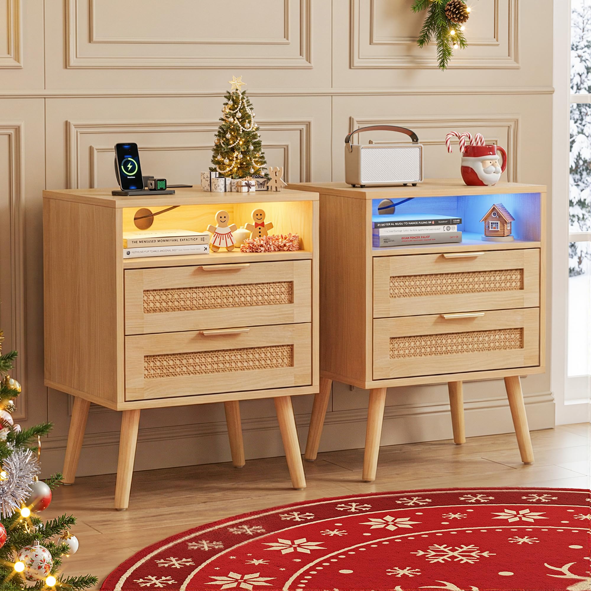 BonVache Set of 2 Rattan Nightstands with Charging Station and LED Lights