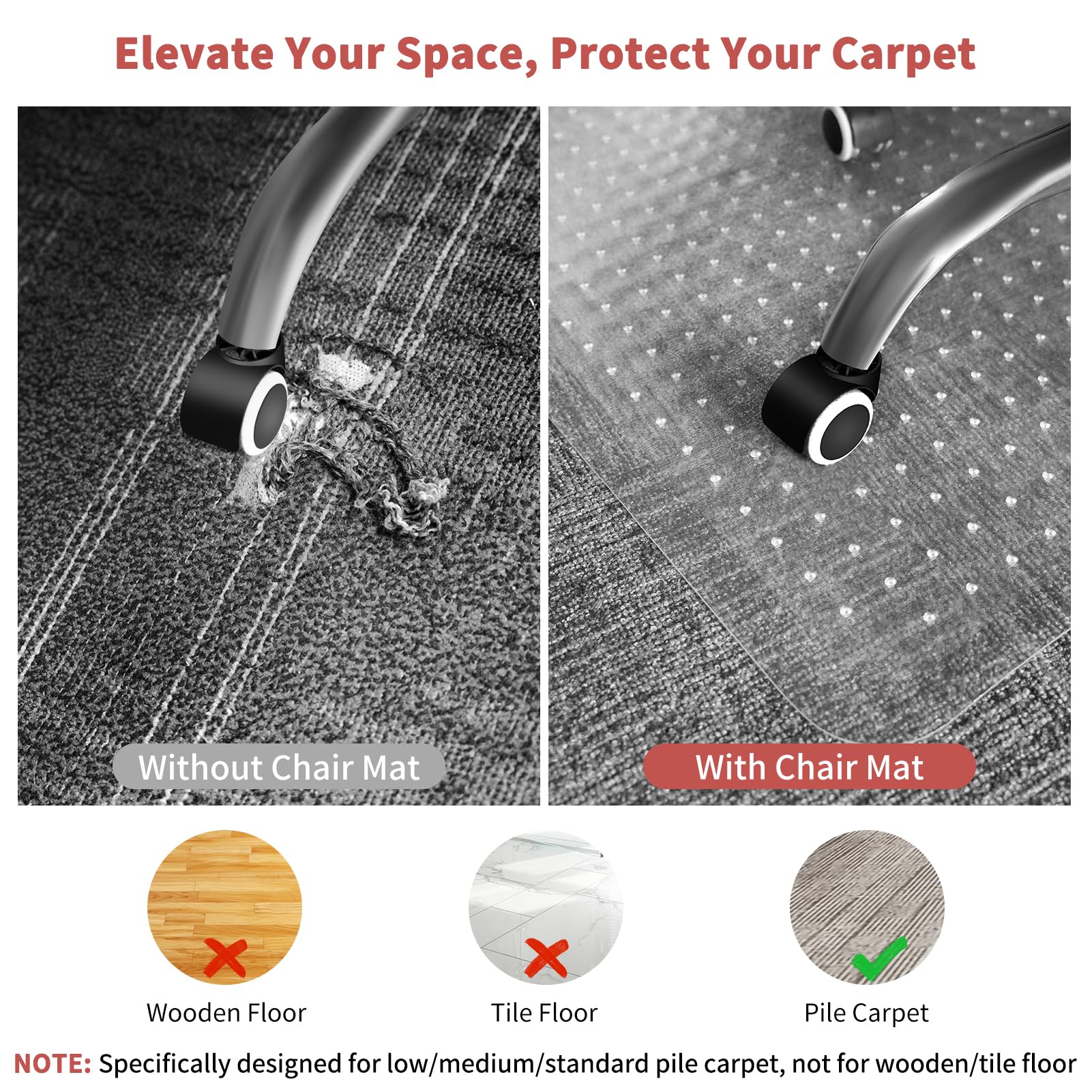 MUEZDUR Office Chair Mat for Carpet Floors – 90x120cm Studded PVC