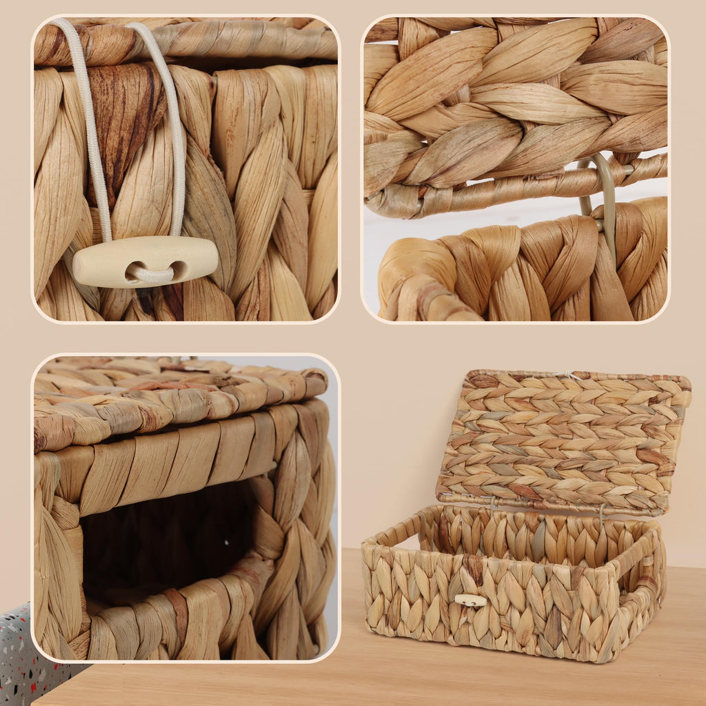 FEIALNDUO Wicker Shelf Baskets with Lid, Seagrass Storage Hamper Basket Bins Rectangular Box for Home Desktop Organizer Natural, X-Small