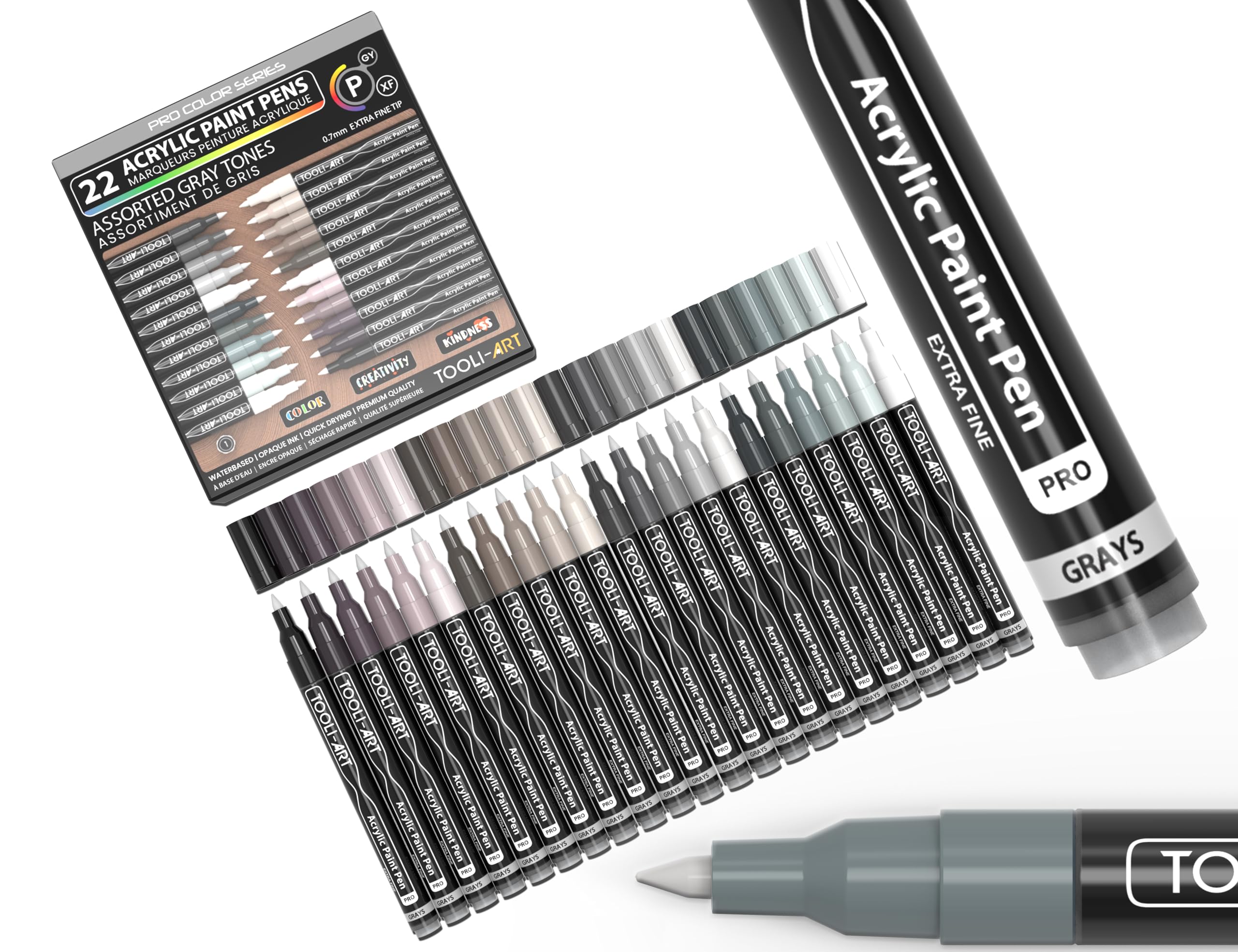 22 Gray Tone Acrylic Paint Pens | 0.7mm Extra Fine Tip Markers