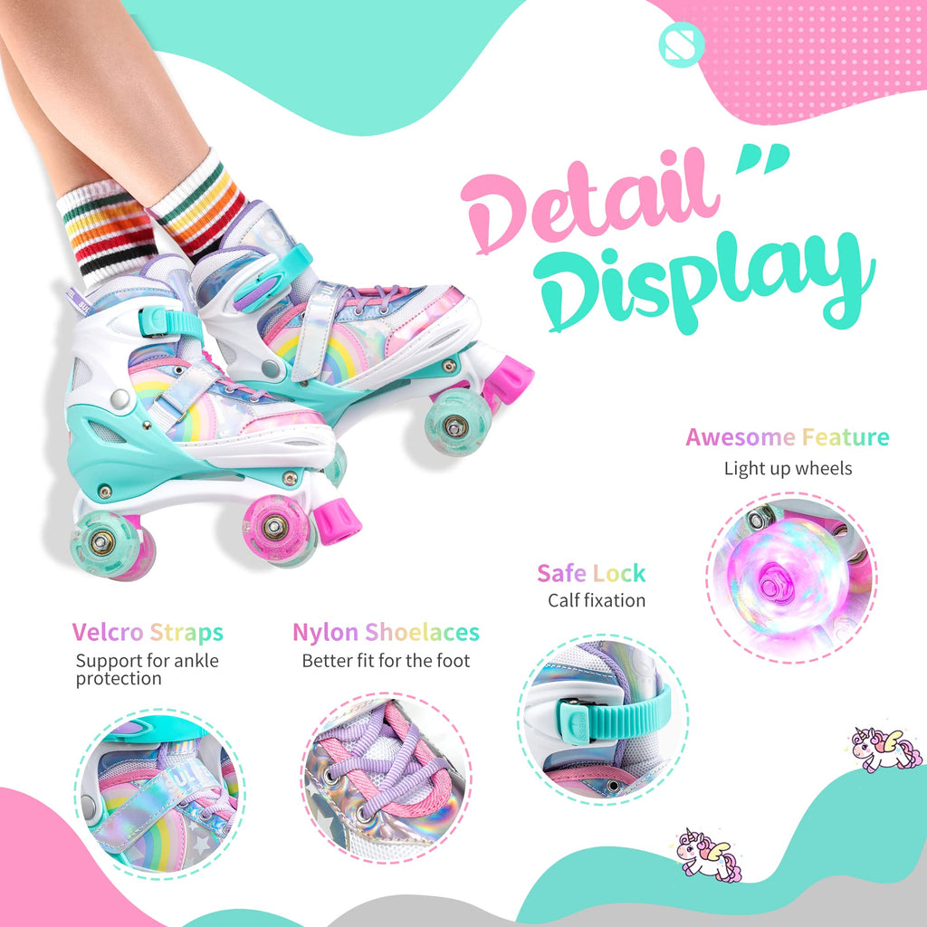 SULIFEEL Rainbow Unicorn Light Up Roller Skates – Adjustable Size 2-5 UK