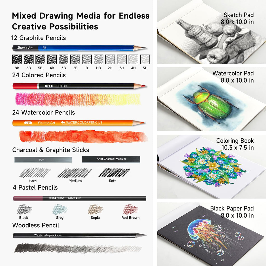 Shuttle Art 116 Pack Drawing Pencils Set | 4 Pads & Zipper Case