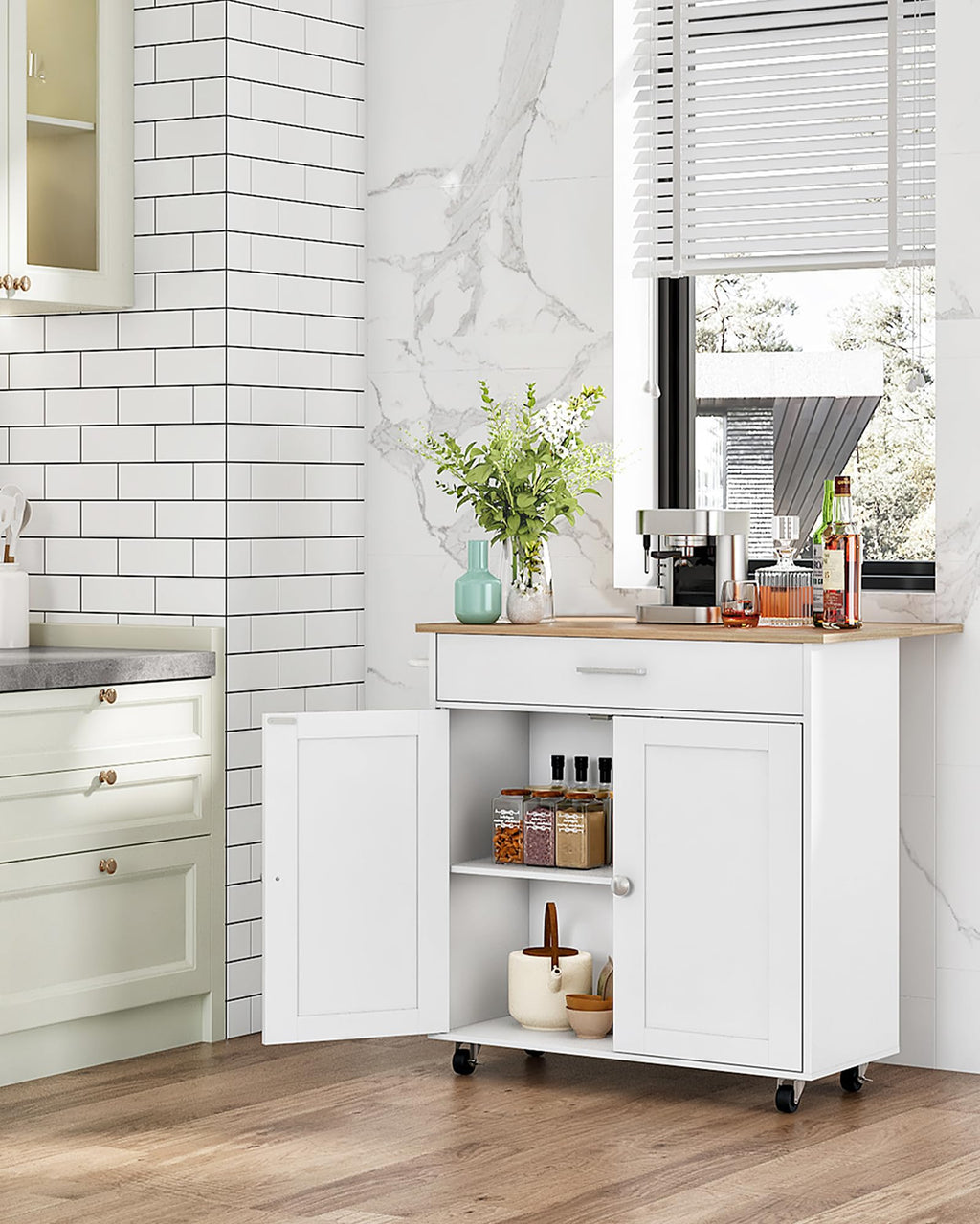 CHOEZON Kitchen Island, Farmhouse Kitchen Island Cart with One Double Cabinet and Drawer, Rolling Storage, with Drop Leaf ＆ industrial locking wheels