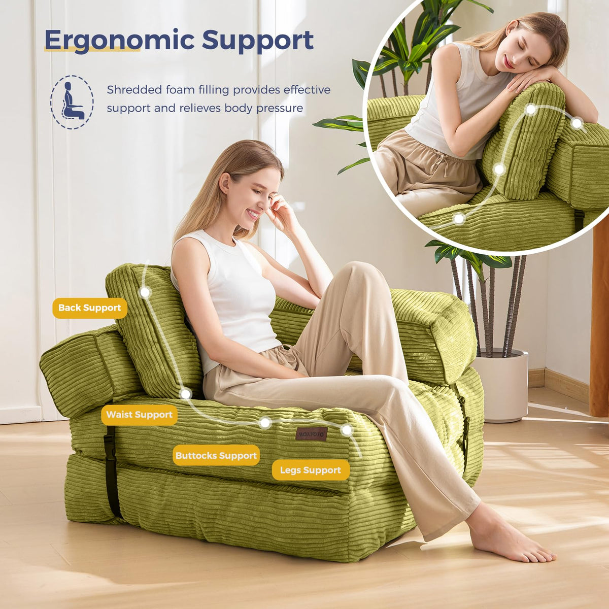 MAXYOYO Foldable Sofa Bed,Bean Bag Couch Convertible Sleeper Chair with Armrest L-Shaped Floor Lounge Sofa with Pillow Portable Lounge Seat for - image 3