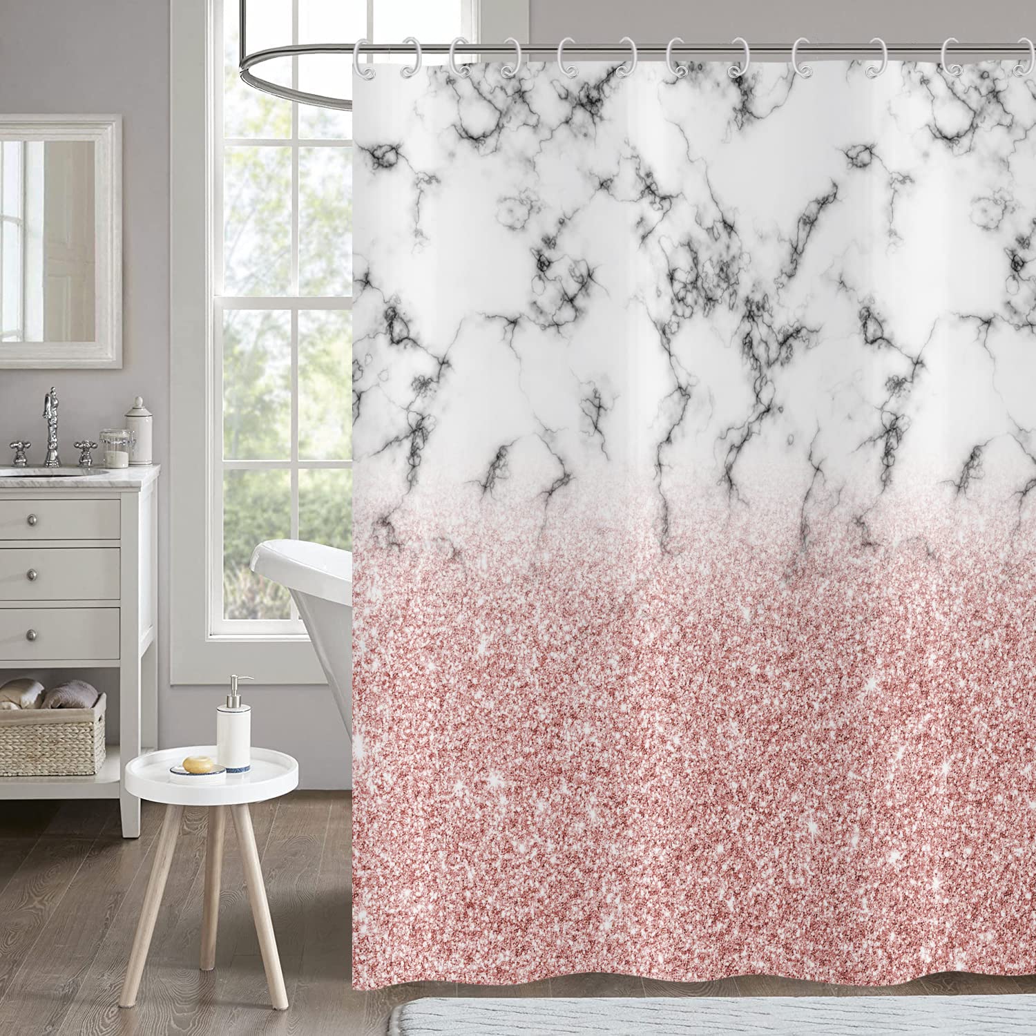 Hnmdmyi Pink Marble Shower Curtain – Abstract Rose Gold Waterproof Decor