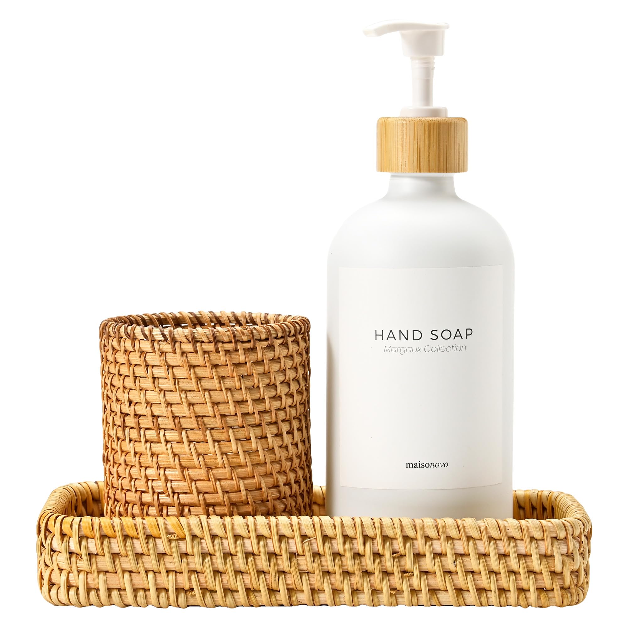 MaisoNovo Rattan Bathroom Set | White Countertop Dispenser & Tray