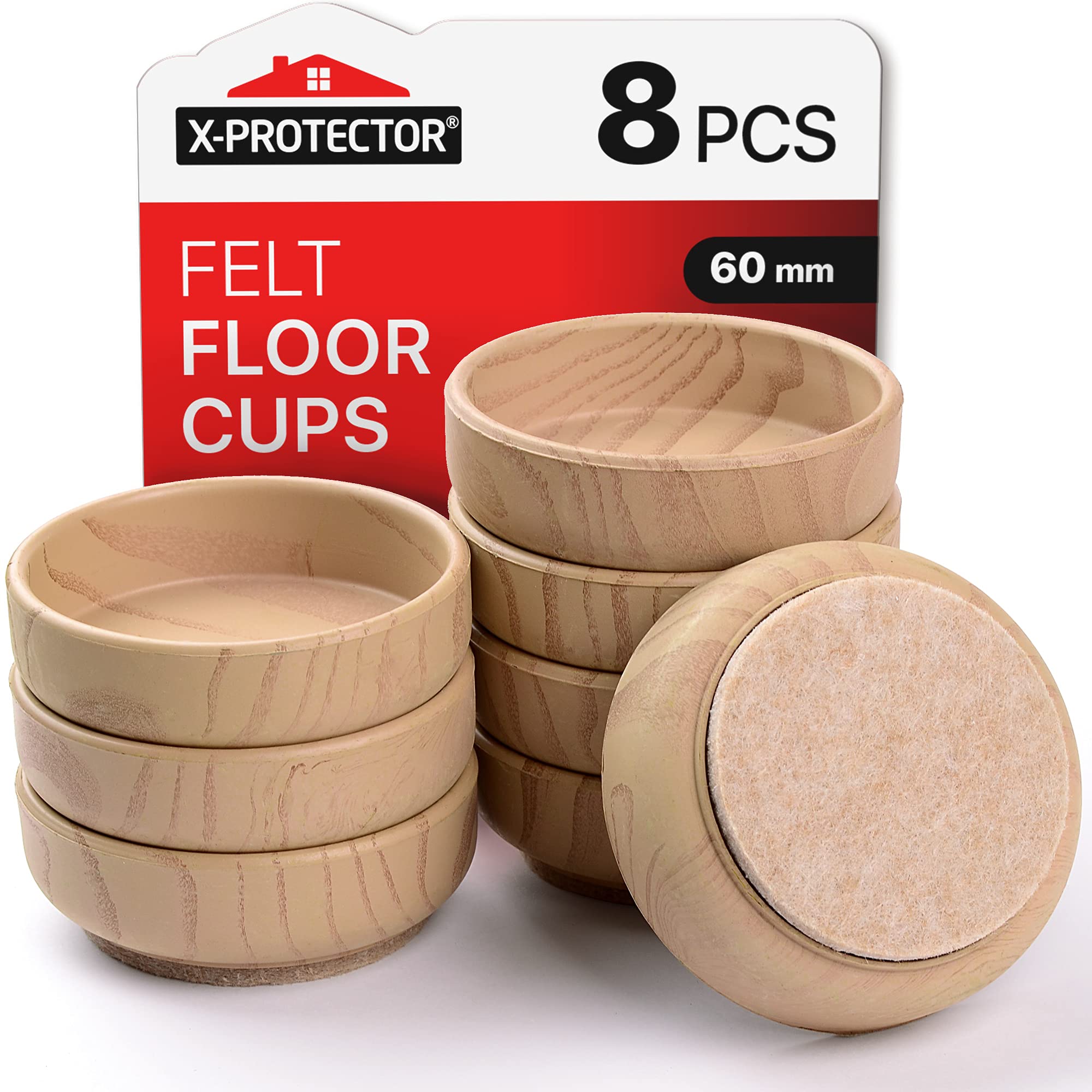 X-Protector Felt Furniture Cups - 60mm Floor Protectors, 8 Pack