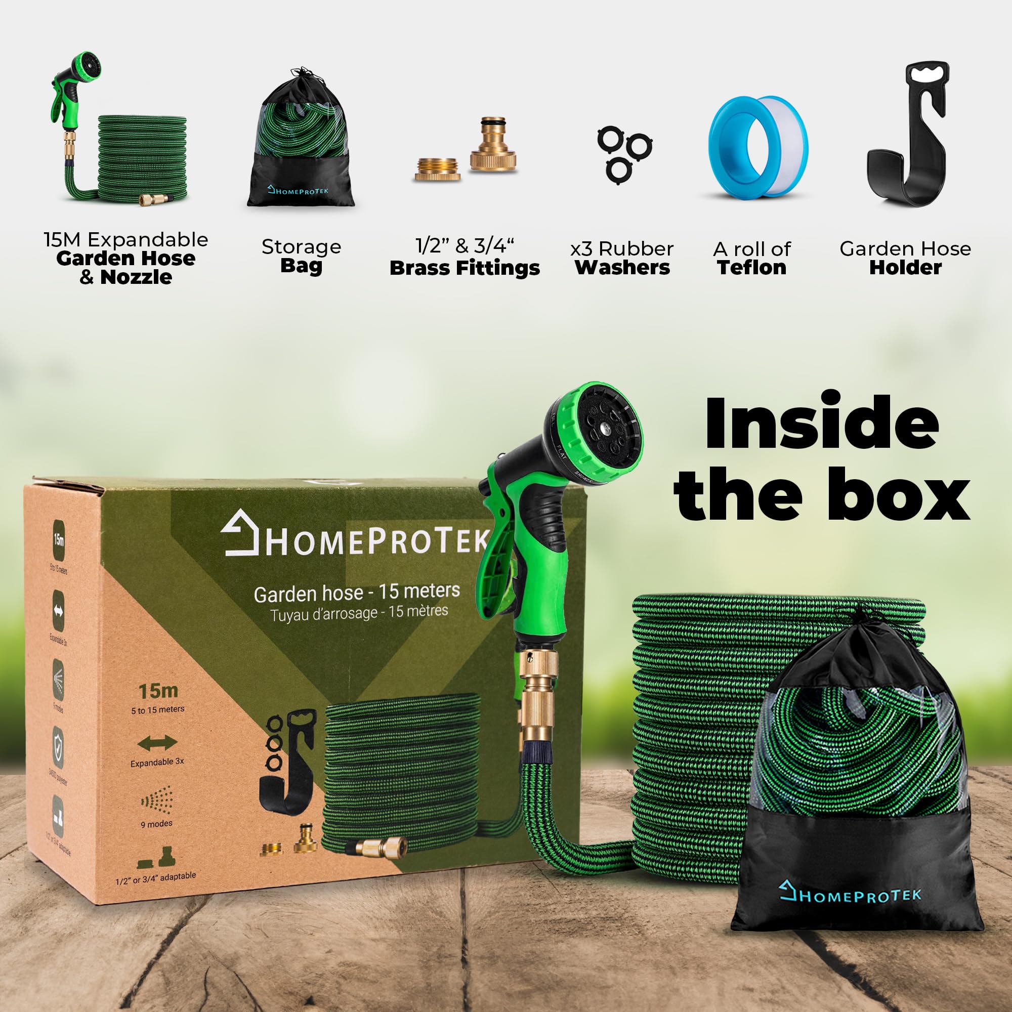 HomeProtek 50ft Expandable Garden Hose – 9-Mode Spray Gun & Brass Fittings