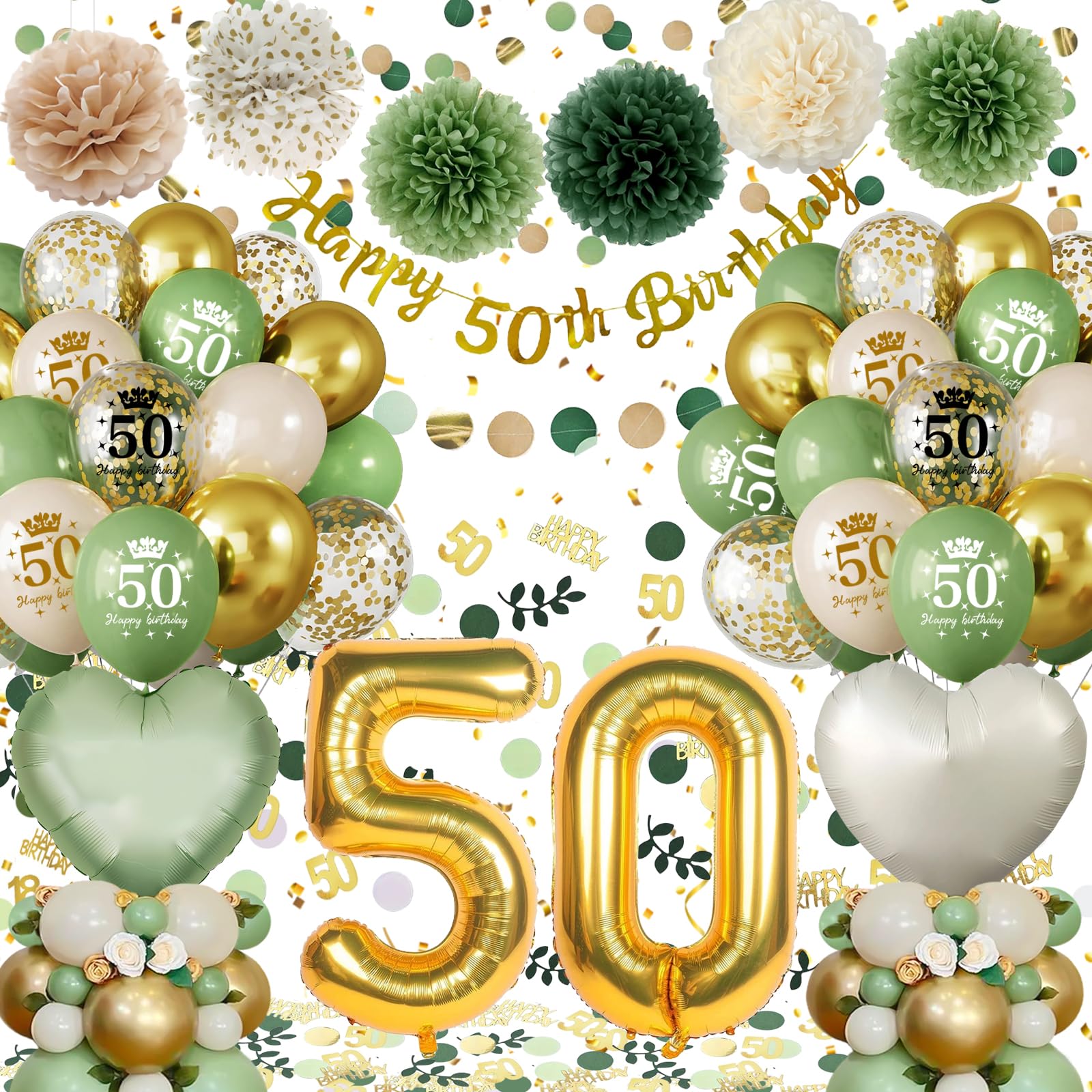 50th Birthday Decorations - Green and Gold Balloon & Banner Kit
