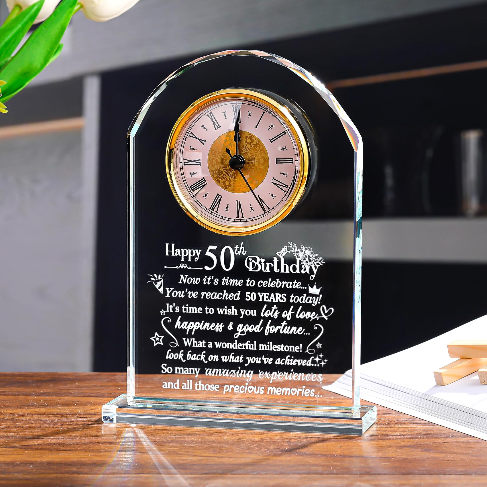 50th Birthday Glass Keepsake – Quartz Desk Clock Gift for Women