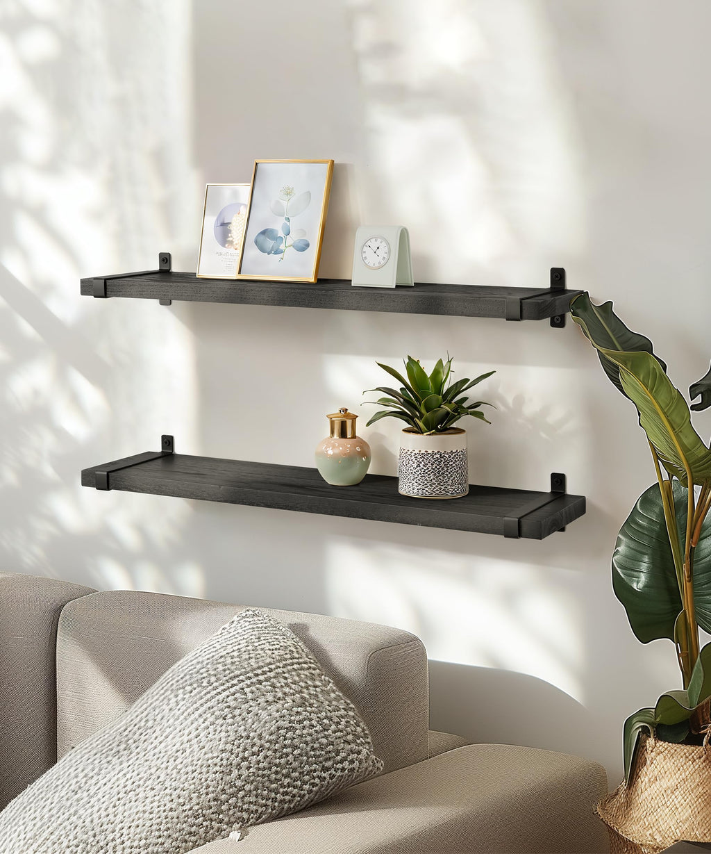 Gronda Black Floating Shelves – 60cm Paulownia Wood Wall Shelf, Set of 2