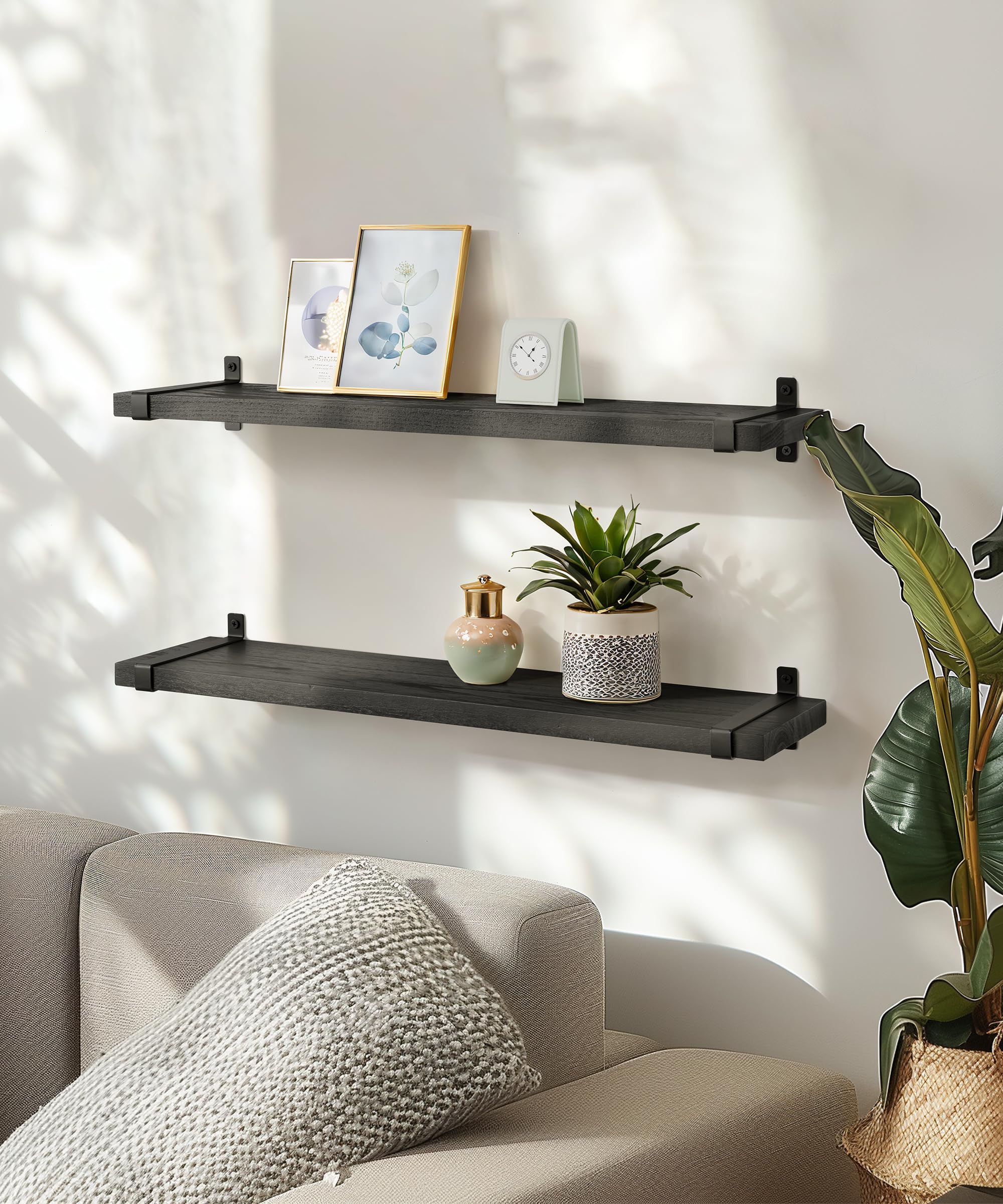 Gronda Black Floating Shelves – 60cm Paulownia Wood Wall Shelf, Set of 2