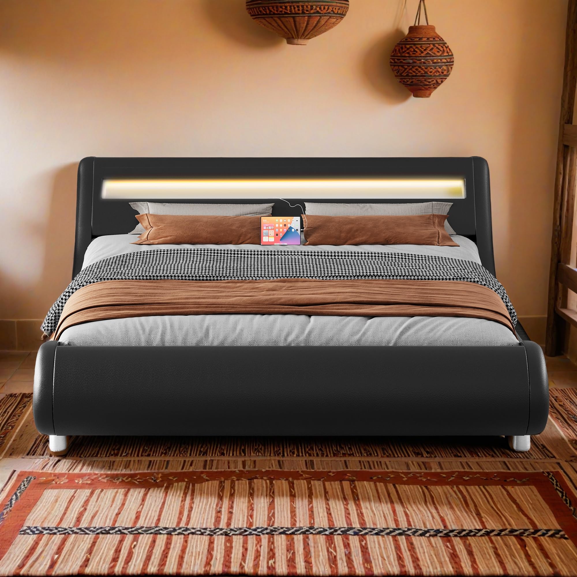 YITAHOME King Upholstered LED Bed Frame with Charging Station - Black