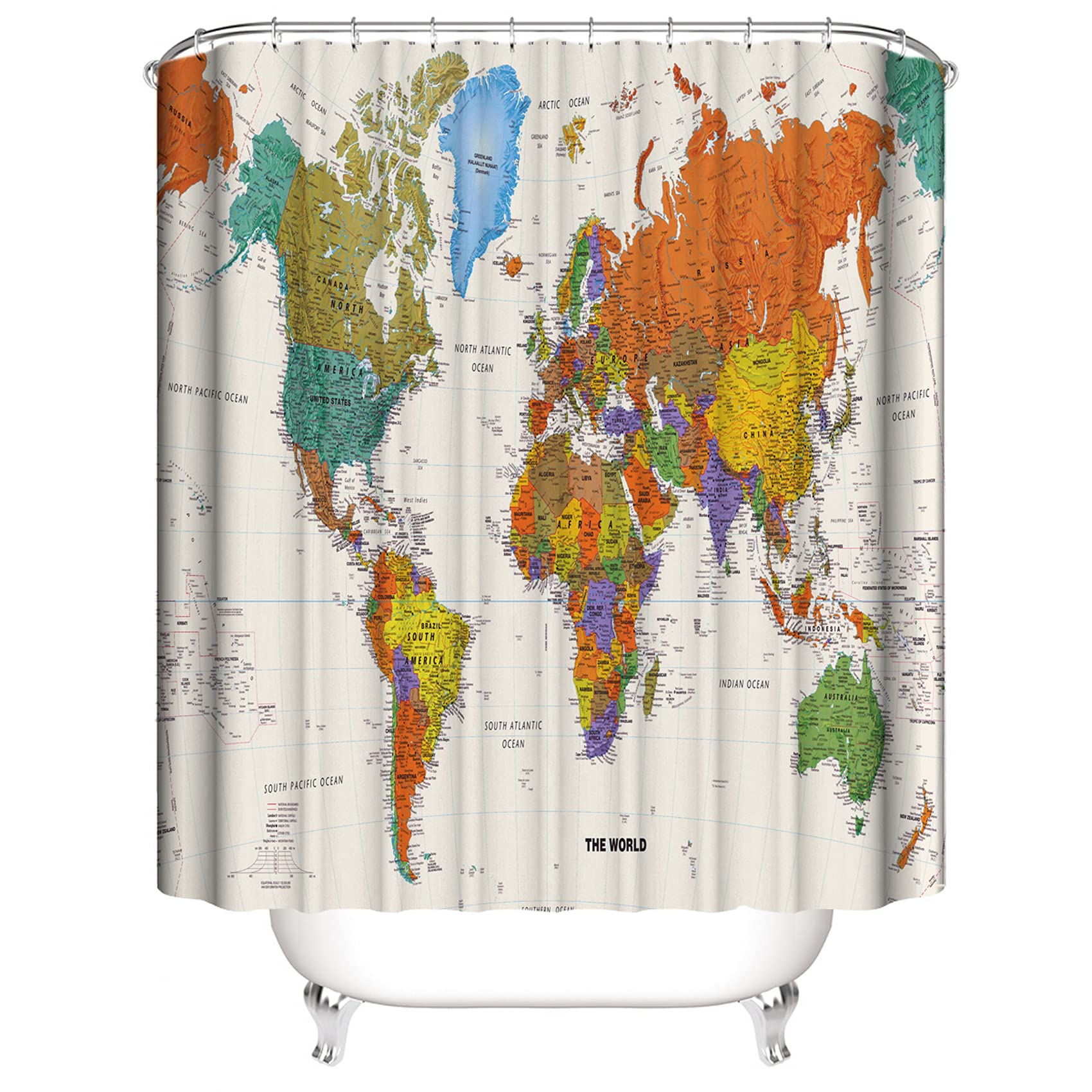 LIVETTY World Map Fabric Shower Curtain – Waterproof & Machine Washable