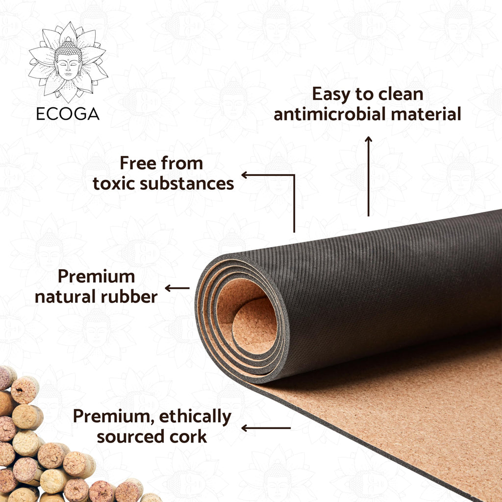 Ecoga Cork Yoga Mat with Alignment Lines | 5mm Non-Slip Natural Rubber