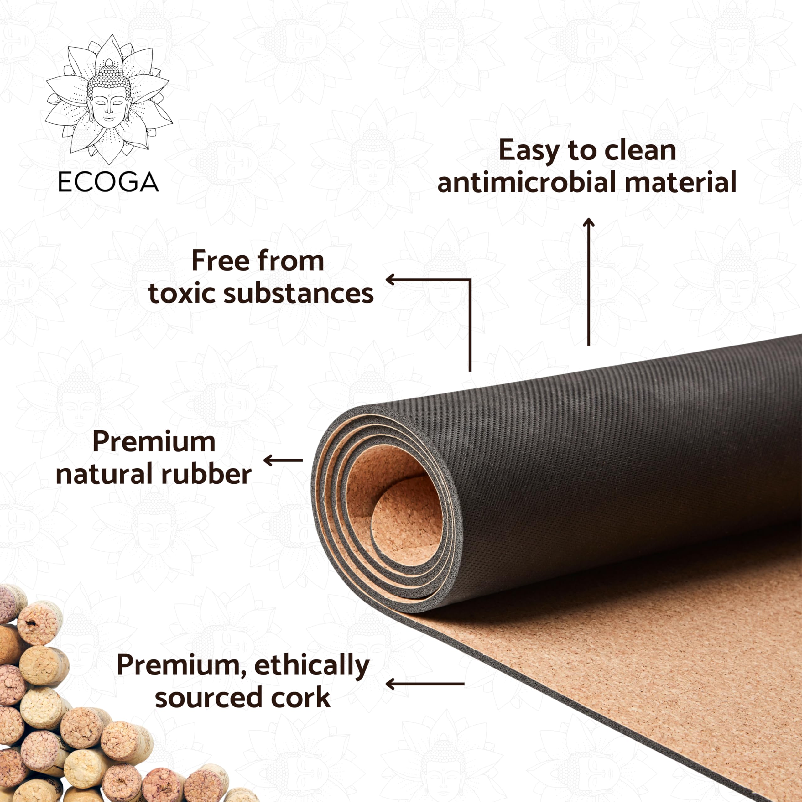 Ecoga Cork Yoga Mat with Alignment Lines | 5mm Non-Slip Natural Rubber
