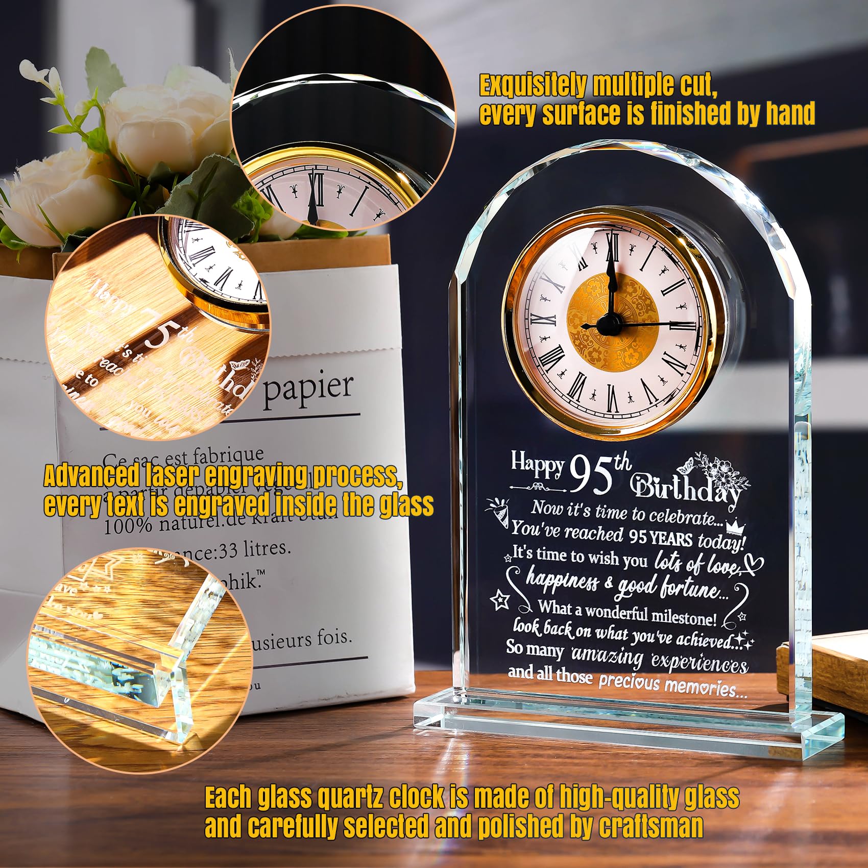 95th Birthday Crystal Clock – Glass Keepsake Milestone Gift