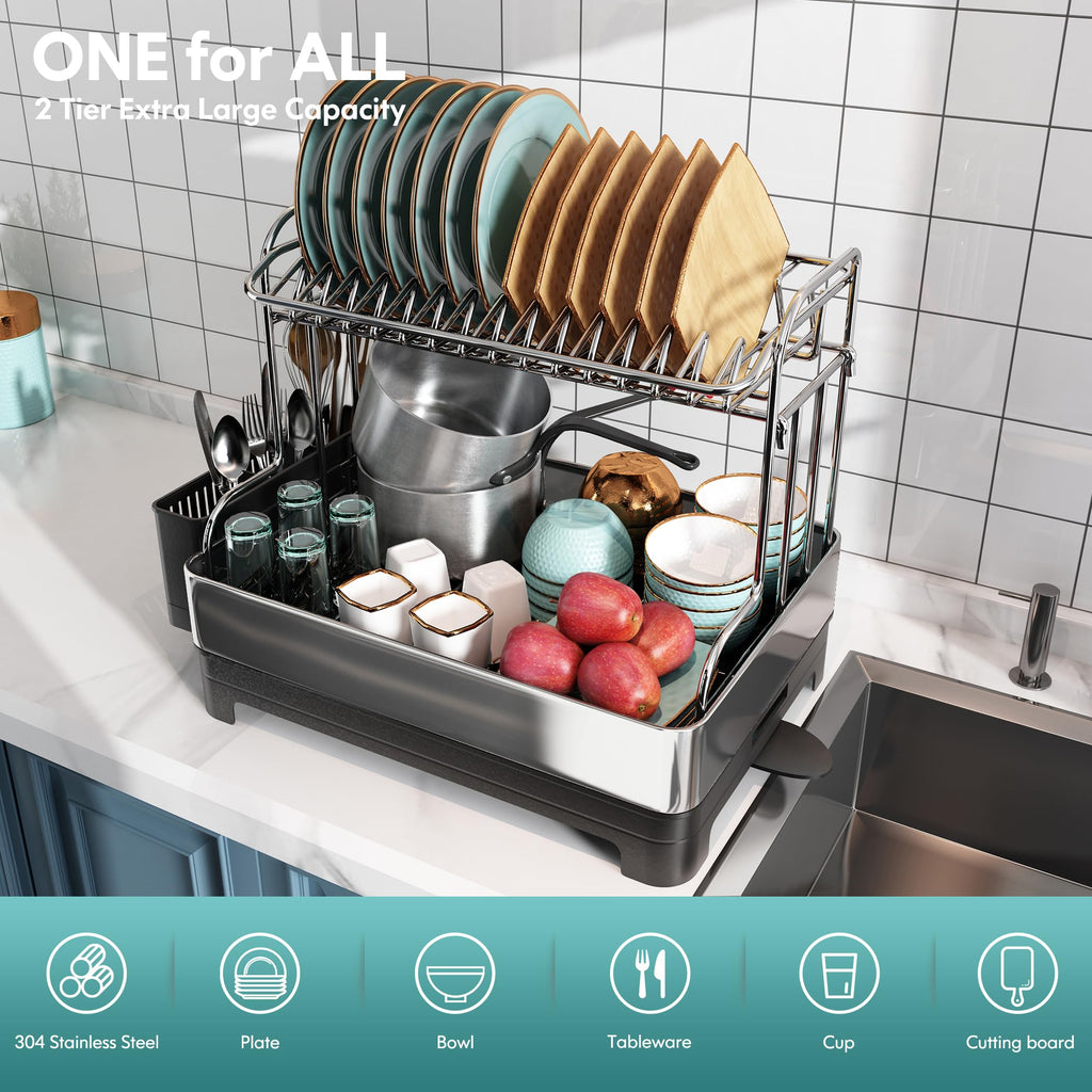 Romision 2-Tier Dish Drying Rack | 304 Stainless Steel with Swivel Spout