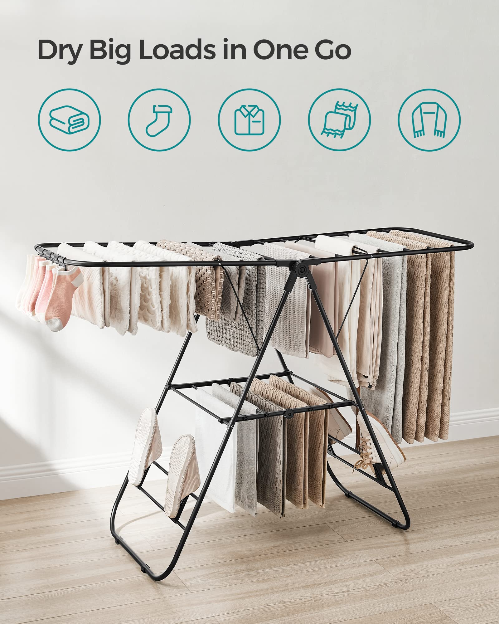 SONGMICS Foldable Clothes Drying Rack – Height-Adjustable Steel Airer