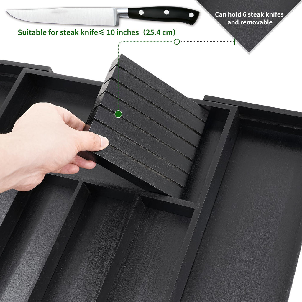 VaeFae Expandable Bamboo Silverware Drawer Organizer | Black Cutlery Tray