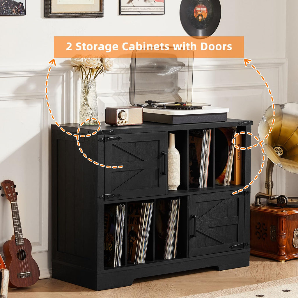LELELINKY Record Player Stand with Storage, 1m Farmhouse Vinyl Cabinet